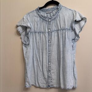 Rails Light Blue Denim Ruffle-Trim Button Front Top